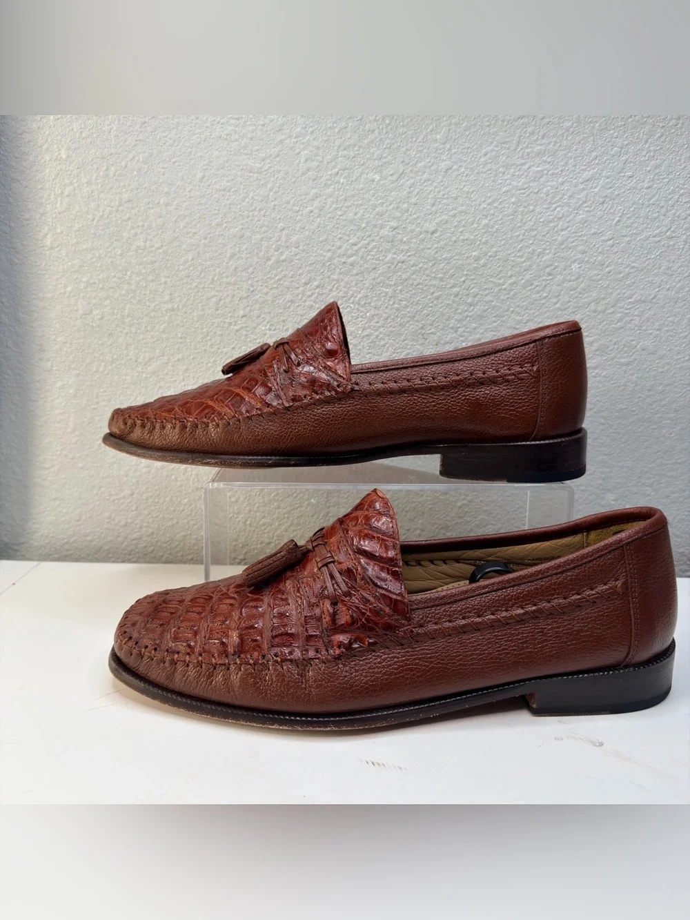 BRASS BOOT Genuine Caiman Alligator Cognac Leather Tassel Loafers Sz. 12M